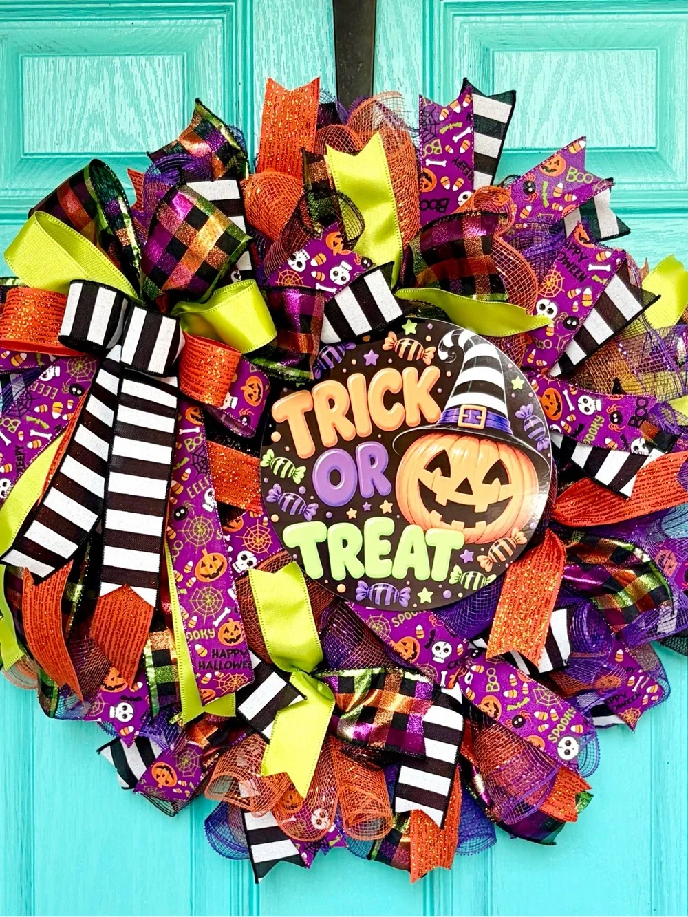 Halloween 'Trick or Treat' Decorative Wreath – Orange, Purple, Black, Lime